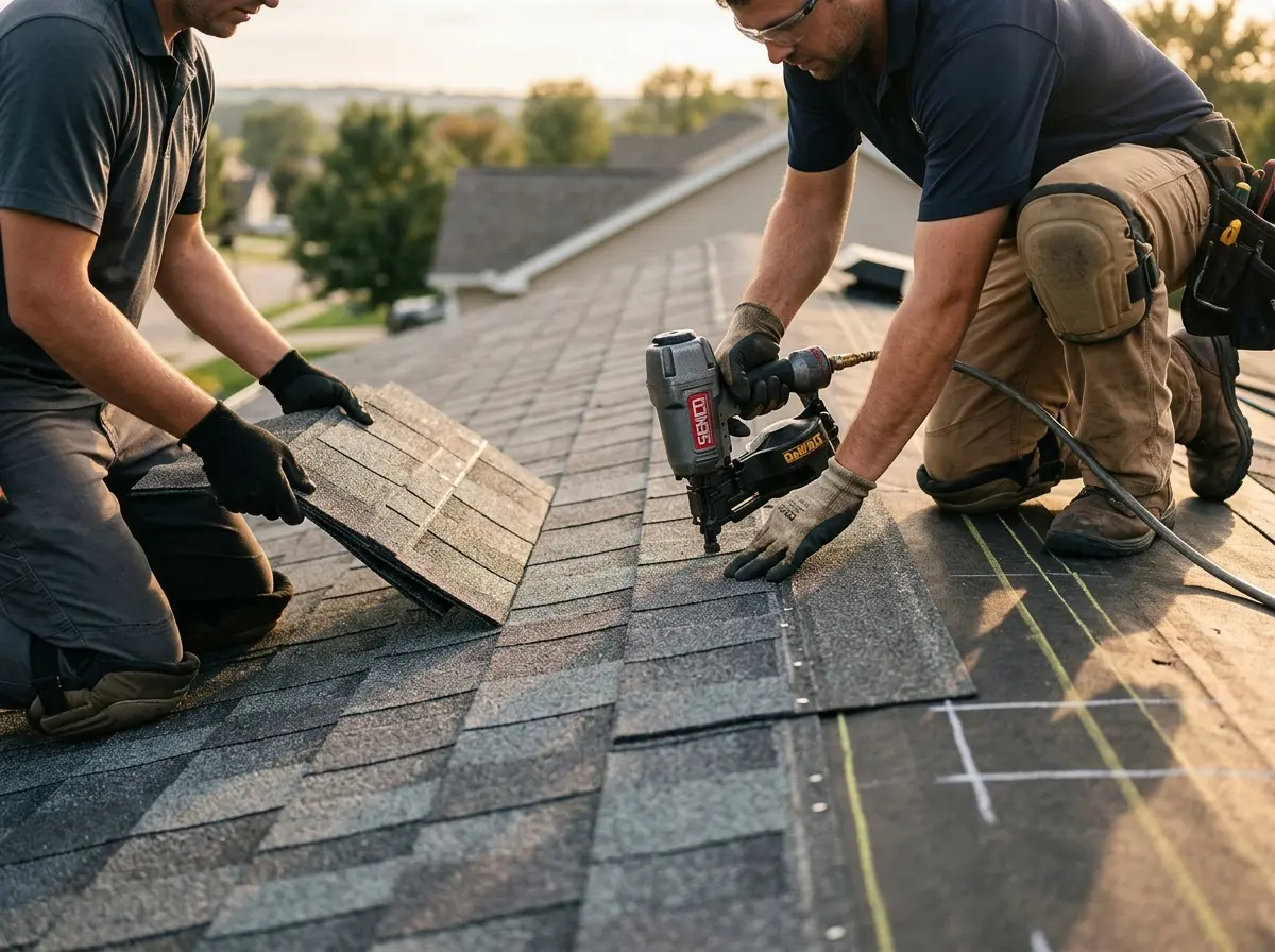 Professional roofer working on a residential roof in Moberly